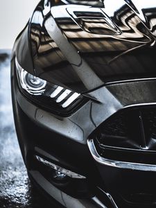 Preview wallpaper car, sportscar, black, wet, front view, close up