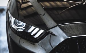 Preview wallpaper car, sportscar, black, wet, front view, close up