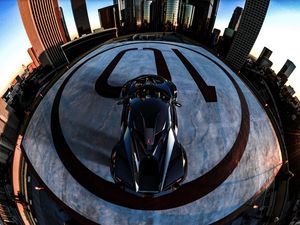 Preview wallpaper car, sportscar, black, aerial view, parking, city