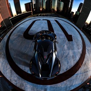 Preview wallpaper car, sportscar, black, aerial view, parking, city