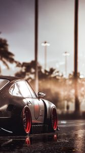 Preview wallpaper car, sportscar, black, wet, road