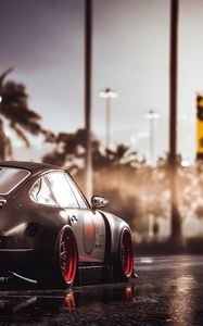 Preview wallpaper car, sportscar, black, wet, road