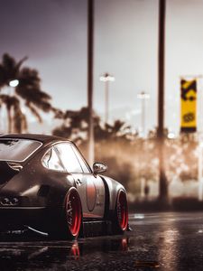 Preview wallpaper car, sportscar, black, wet, road