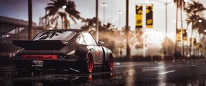 Preview wallpaper car, sportscar, black, wet, road