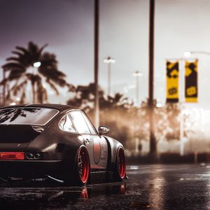 Preview wallpaper car, sportscar, black, wet, road