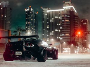 Preview wallpaper car, sportscar, black, road, city