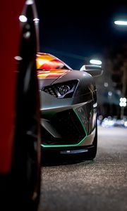 Preview wallpaper car, sportscar, front view, gray, night, backlight