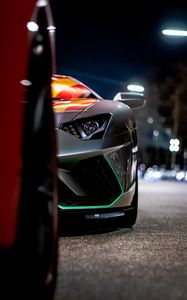 Preview wallpaper car, sportscar, front view, gray, night, backlight