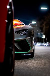 Preview wallpaper car, sportscar, front view, gray, night, backlight