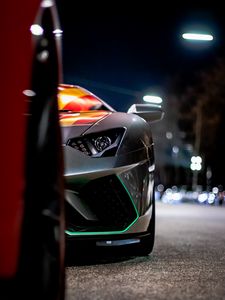 Preview wallpaper car, sportscar, front view, gray, night, backlight