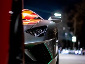 Preview wallpaper car, sportscar, front view, gray, night, backlight