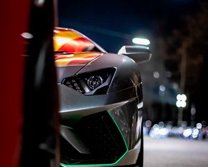 Preview wallpaper car, sportscar, front view, gray, night, backlight