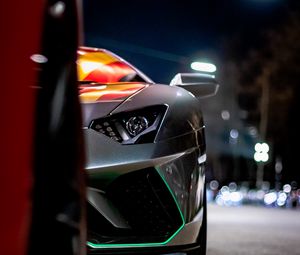 Preview wallpaper car, sportscar, front view, gray, night, backlight