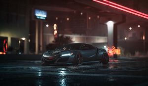 Preview wallpaper car, sportscar, gray, night, asphalt, wet