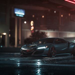 Preview wallpaper car, sportscar, gray, night, asphalt, wet