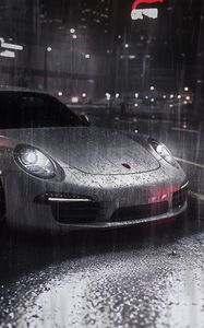 Preview wallpaper car, sportscar, gray, rain, street