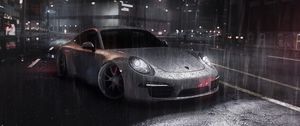 Preview wallpaper car, sportscar, gray, rain, street