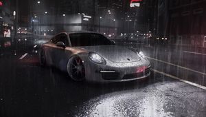 Preview wallpaper car, sportscar, gray, rain, street