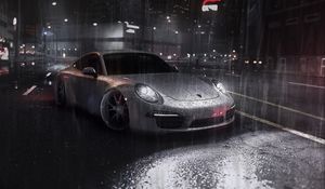 Preview wallpaper car, sportscar, gray, rain, street