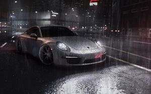 Preview wallpaper car, sportscar, gray, rain, street