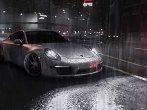 Preview wallpaper car, sportscar, gray, rain, street