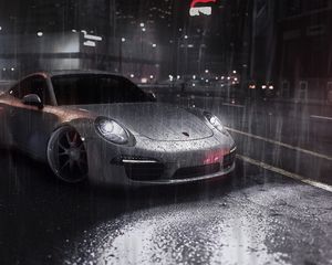 Preview wallpaper car, sportscar, gray, rain, street