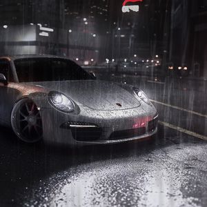 Preview wallpaper car, sportscar, gray, rain, street