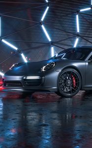 Preview wallpaper car, sportscar, gray, side view, neon