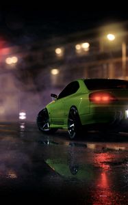 Preview wallpaper car, sportscar, green, night, light, smoke