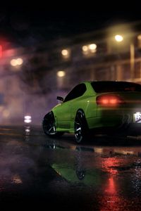 Preview wallpaper car, sportscar, green, night, light, smoke