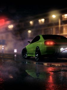 Preview wallpaper car, sportscar, green, night, light, smoke