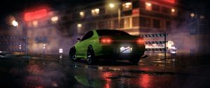 Preview wallpaper car, sportscar, green, night, light, smoke