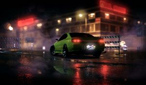 Preview wallpaper car, sportscar, green, night, light, smoke