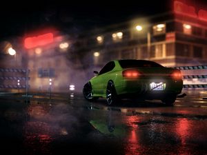 Preview wallpaper car, sportscar, green, night, light, smoke