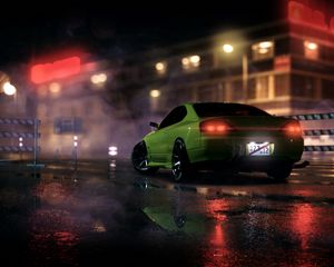 Preview wallpaper car, sportscar, green, night, light, smoke