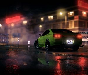 Preview wallpaper car, sportscar, green, night, light, smoke