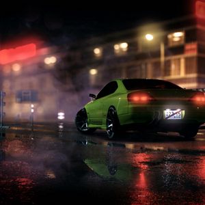 Preview wallpaper car, sportscar, green, night, light, smoke