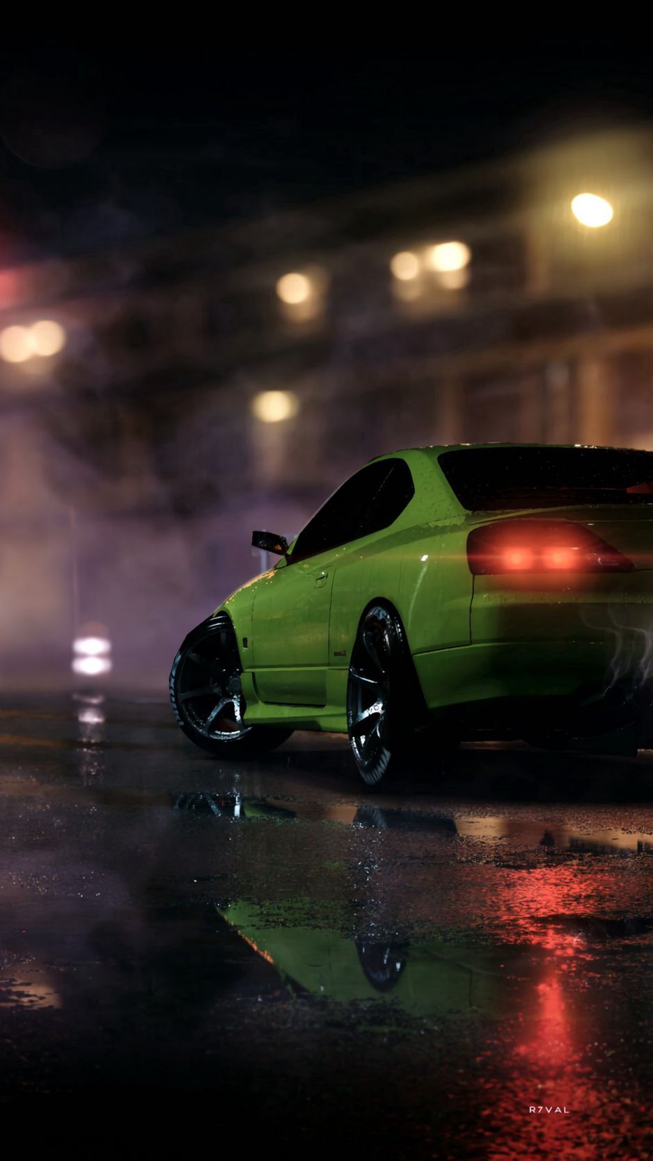 Download wallpaper 938x1668 car, sportscar, green, night, light, smoke