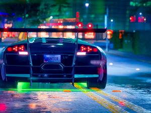 Preview wallpaper car, sportscar, neon, backlight, road