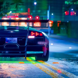 Preview wallpaper car, sportscar, neon, backlight, road