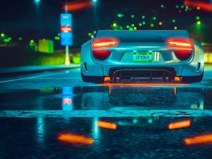 Preview wallpaper car, sportscar, rear view, lights, road