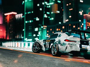 Preview wallpaper car, sportscar, road, city, lights