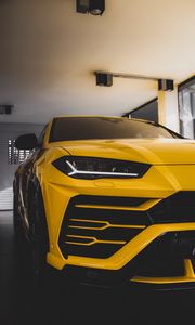 Preview wallpaper car, sportscar, yellow, front view, headlight