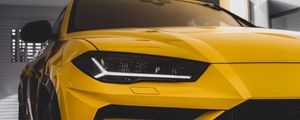 Preview wallpaper car, sportscar, yellow, front view, headlight