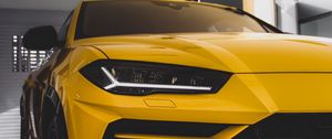 Preview wallpaper car, sportscar, yellow, front view, headlight