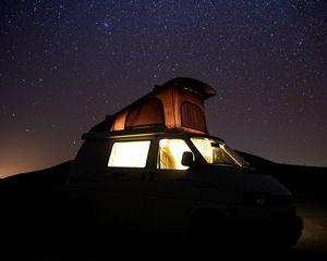 Preview wallpaper car, starry sky, camping, travel