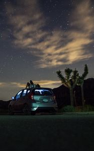 Preview wallpaper car, starry sky, man, loneliness, palm trees, solitude