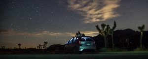 Preview wallpaper car, starry sky, man, loneliness, palm trees, solitude