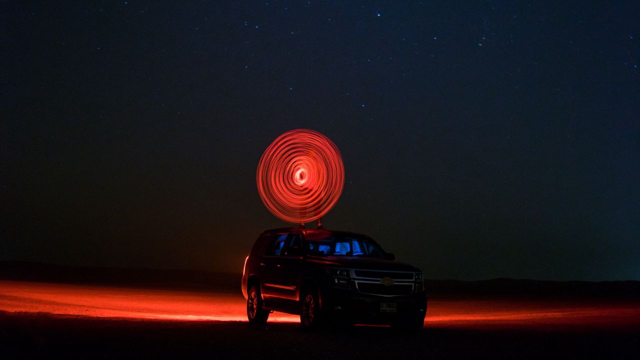 Wallpaper car, starry sky, night, light, circle