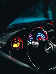Preview wallpaper car, steering wheel, dashboard, backlight, black